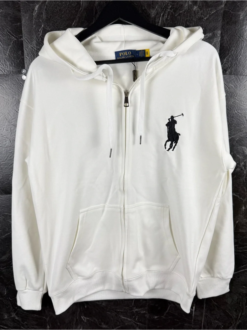 Polo Ralph Lauren White Knit Big Pony Fleece Zip Hoodie Large